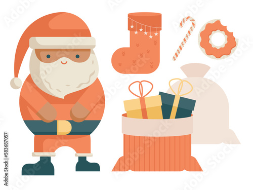 Santa Claus with Holiday Presents. Stocking. Candy Cane and Cookie. Vector Illustration Set.