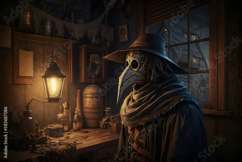 Medieval plague doctor in the room. Generative AI