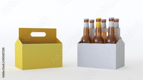 White Six pack beer bottles with empty white label, and yellow empty box for drinks isolated on white background with shadows, one yellow label bottle, different concept, 3d rendering