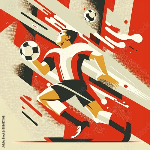 Retro illustration in constructivism, modernism cartoon style of football soccer player, defender, goalkeeper, striker in football game. Generative AI
