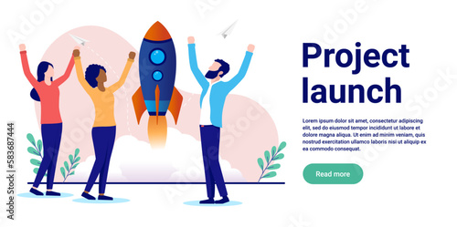 Project launch - Team of business people launching rocket, celebrating and cheering. Flat design vector illustration with white background and copy space for text