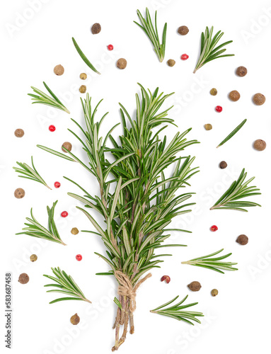Rosemary branches tied with rope  aromatic pepper  black and red pepper on a white isolated background  culinary spices