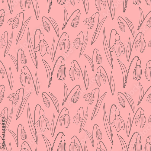 Vector seamless pattern with snowdrop flowers on a pink background.