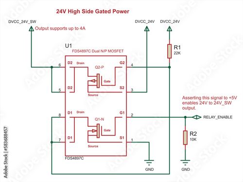 Schematic diagram of electronic device.
Vector drawing electrical circuit with mosfet transistor,  resistor and other electronic components.