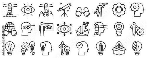 Line icons about vision and innovation on transparent background with editable stroke.