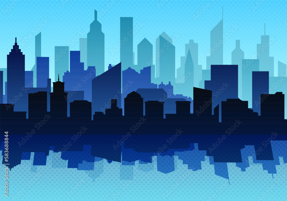 Vector City landscape. Blue silhouette of the city