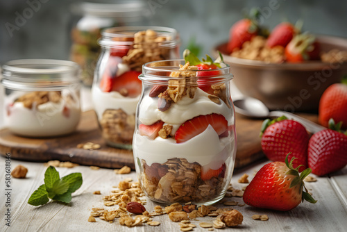 Healthy breakfast of strawberry parfaits made with fresh fruit, yogurt and granola over a rustic table. AI generated