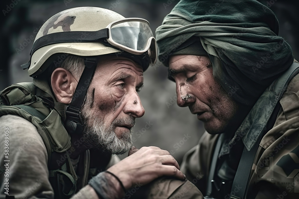 Portrait of two soldiers facing each other with dramatic and hopeless gestures. Concept of rawness in war. AI generated Portrait of two soldiers facing each other with dramatic and hopeless gestures. Concept of rawness in war. AI generated