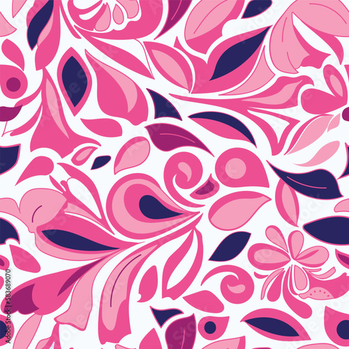 A 1960s-inspired Pucci-style pattern of pink, blue, and burgundy flowers and leaves on a white background.