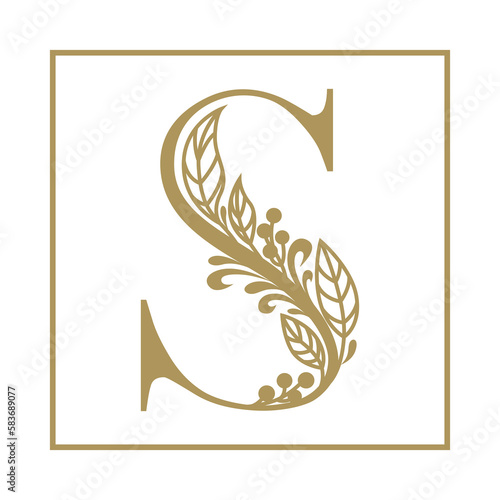 Gold letter S. Floral vintage symbol