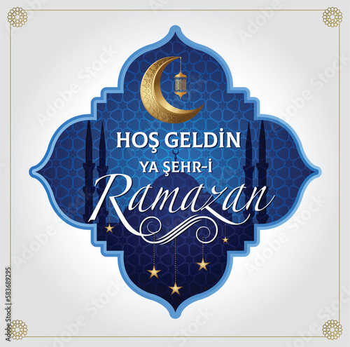 ramazan bayrami, ramadan kareem. welcome ramadan greeting card vector illustration (turkish: hos geldin ramazan) Hoşgeldin Ya Şehri Ramazan Have a blessed Ramadan. Moon Vector.