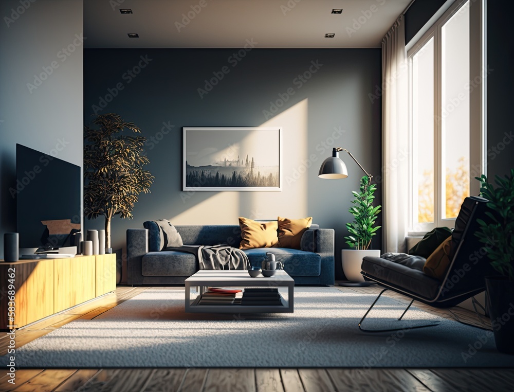 Architectural photo of a modern living room, cozy couch with pillows, neutral colors. Generative AI Architectural photo of a modern living room, cozy couch with pillows, neutral colors. Generative AI