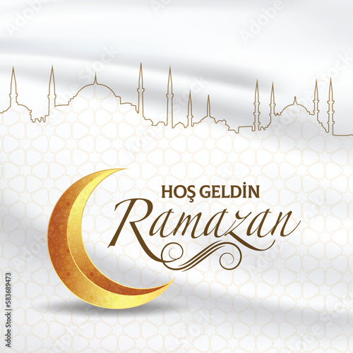 ramazan bayrami, ramadan kareem. welcome ramadan greeting card vector illustration (turkish: hos geldin ramazan) Hoşgeldin Ya Şehri Ramazan Have a blessed Ramadan. Moon Vector.