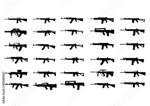 Most popular and famous machine guns in the world. Exclusive silhouettes vector set including 30 pcs. Isolated on white background.