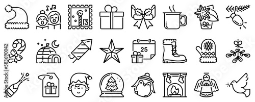 Line icons about Xmas on transparent background with editable stroke.