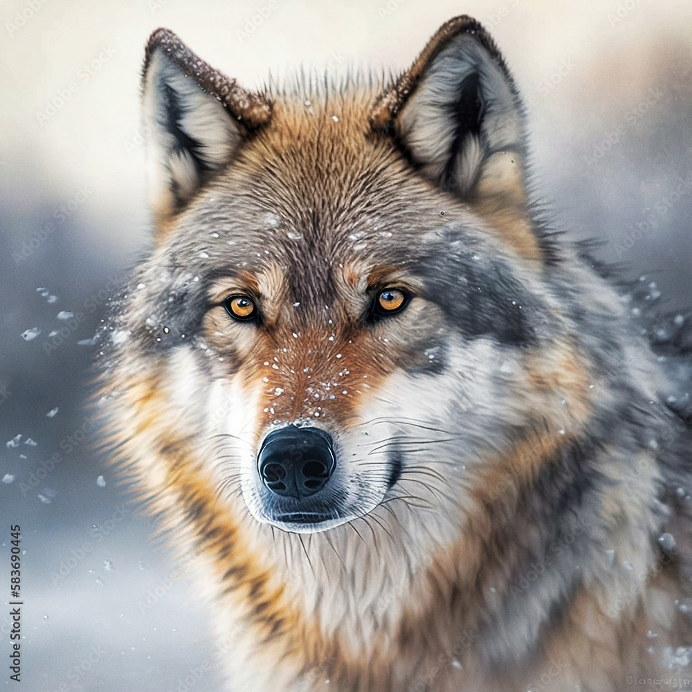 Fototapeta premium Portrait of a snow mountain wolf - generative AI