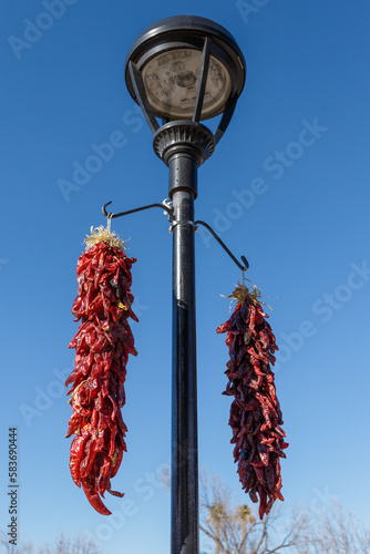 Two bunches of dried red chile peppers hanging from a lamp post in Mesilla, New Mexico photo