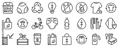 Line icons about zero waste on transparent background with editable stroke.