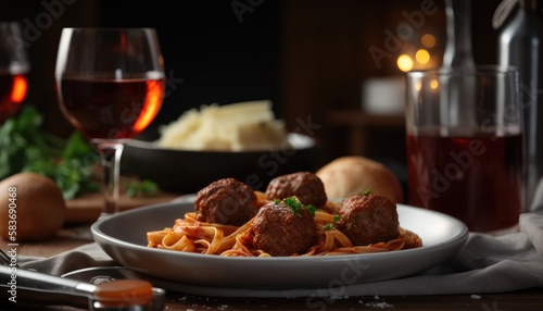 Fettucini with veal meatballs and glass half full of red wine. Close up