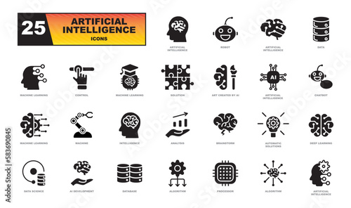 Artificial intelligence black icons. Icon set with machine learning, smart robotic and cloud computing network digital AI technology: internet, solving, algorithm, choice sign.