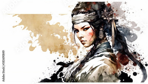 Asian Female Warrior  Ninja  Mystic  isolated on white background - watercolor style illustration background by Generative Ai  
