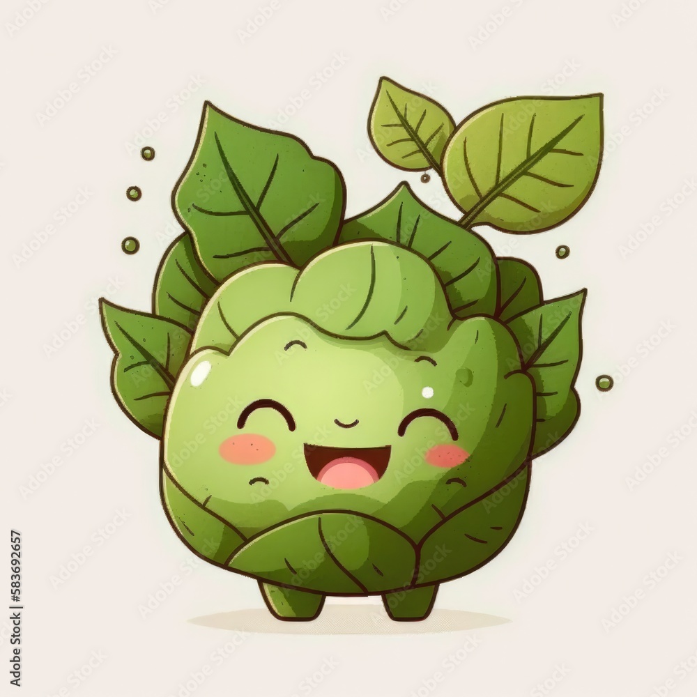 Fototapeta premium Happy smiling kawaii green cabbage kohlrabi plant cartoon character, funny cute vegetable sticker color personage icon isolated on white background, healthy organic vegan diet food. AI generative.