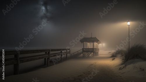 Foggy beach at night