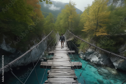 bridge in the mountains over a river with person walking over - made with generative ai