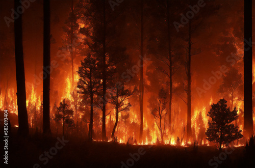 a forest fire burning in the night with lots of trees on the side of the fire line and a lot of smoke coming from the trees Generative AI.