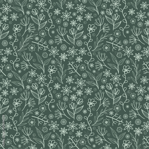 Seamless repeat pattern. Boho inspired small scale flowers and foliage in green and sage.