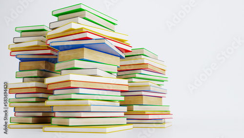 Stack of colored books isolated on white background, back oncept, back to school , 3D render