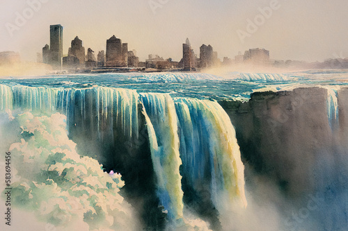 Niagara Falls is the perfect destination for a romantic getaway or a family-friendly vacation with endless attractions, watercolor painting, Generative AI
