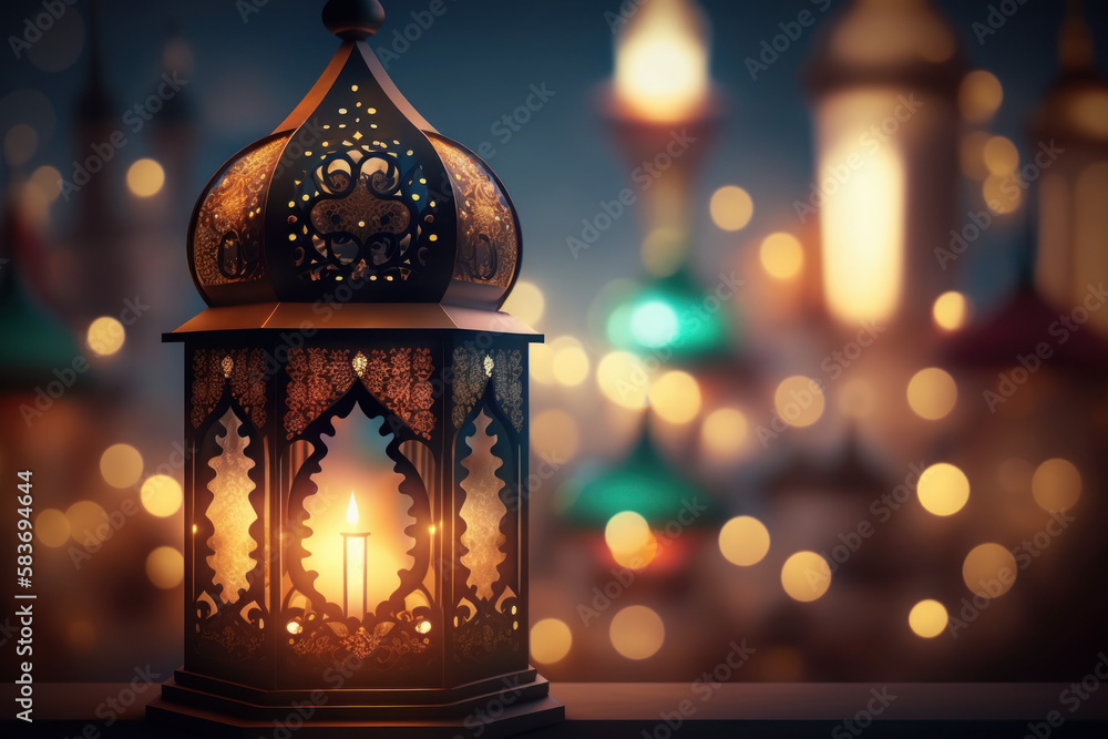 Ornate oriental lantern with beautiful bokeh of holiday lights and mosque in background. AI generated, human enhanced