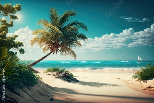 Tropical exotic beach with palm tree. AI generated