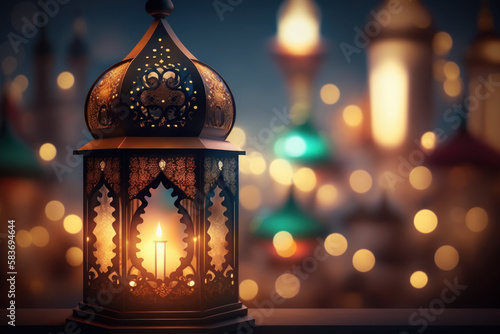 Ornate oriental lantern with beautiful bokeh of holiday lights and mosque in background. AI generated, human enhanced