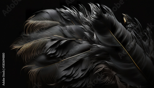 Black color feathers bird background colored plumage. Close up photo of shimmered feathers of paradise bird. 3D realistic illustration. Based on Generative AI