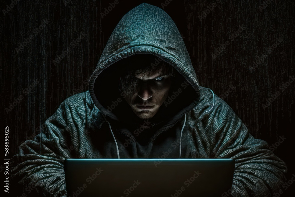Web hacker in a hood. AI generated, human enhanced. Background Web hacker in a hood. AI generated, human enhanced. Background