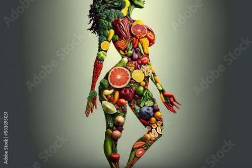 Fruit woman silhouette. Fresh fruits are laid out in the shape of a person. AI generated  human enhanced.