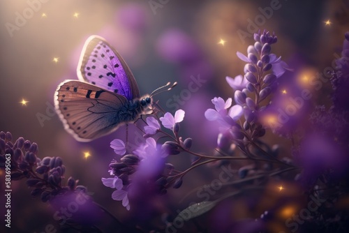 Romantic natural floral background with a butterfly on flower with bokeh, close-up macro. AI generated, human enhanced © top images