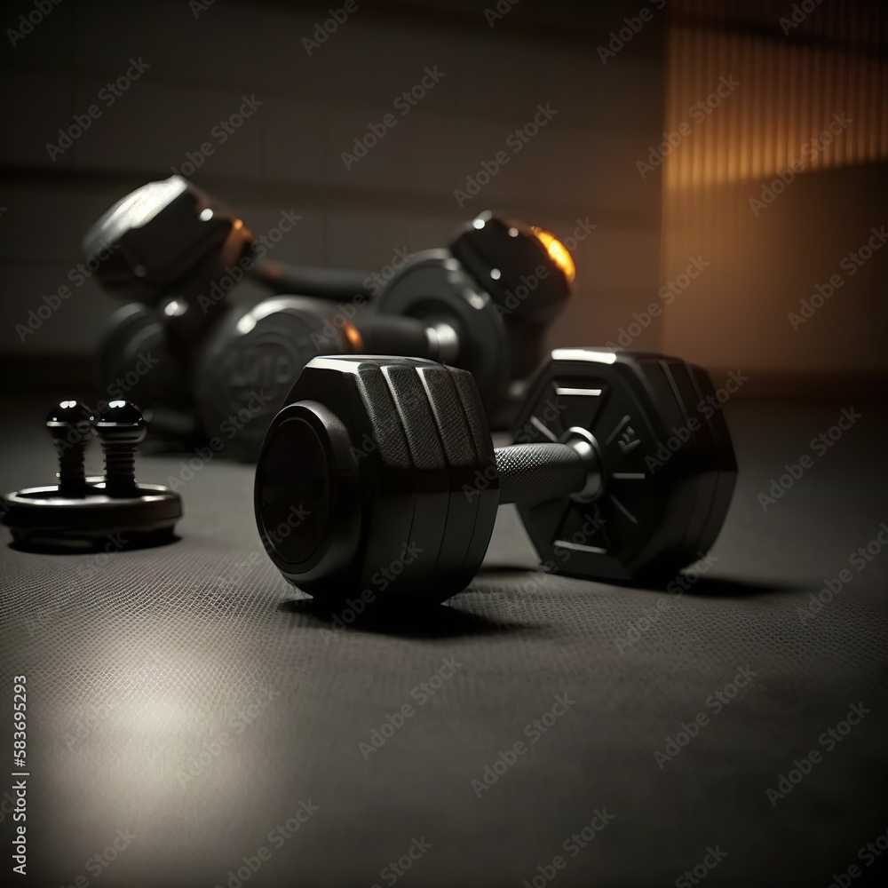 Black dumbbells on the floor in dark. Metal rubberized dumbbells on a dark black floor. Bodybuilding and fitness. Concept fitness. 3D realistic illustration. Based on Generative AI Black dumbbells on the floor in dark. Metal rubberized dumbbells on a dark black floor. Bodybuilding and fitness. Concept fitness. 3D realistic illustration. Based on Generative AI