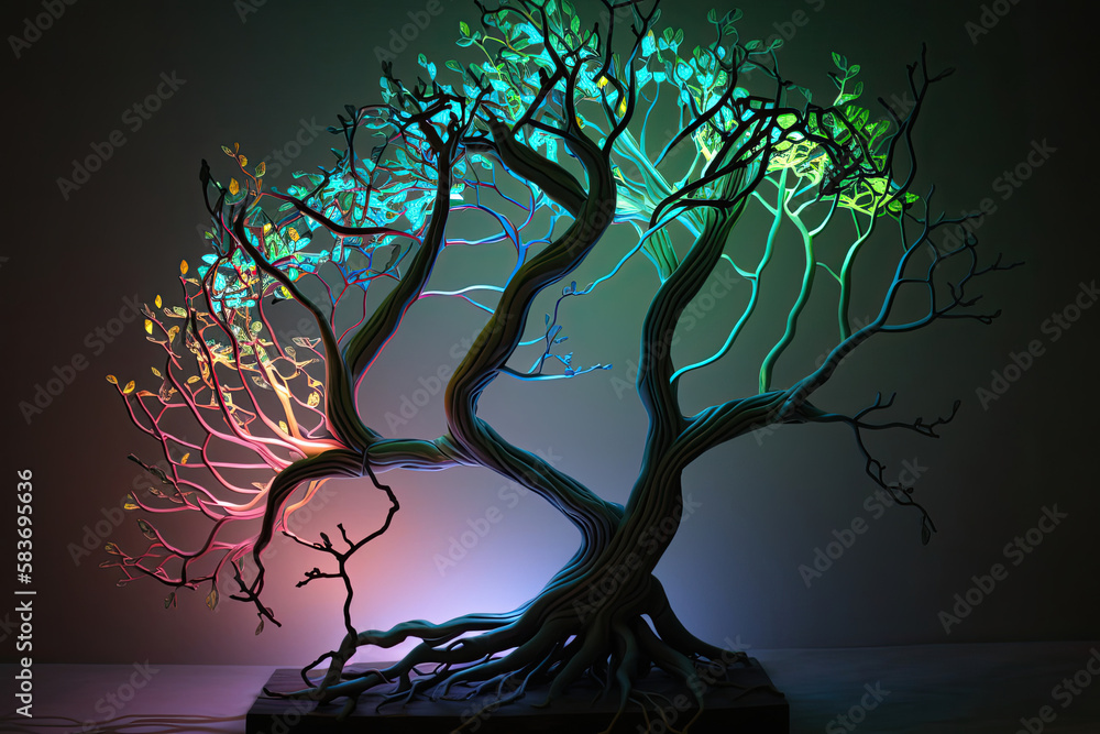 beautiful decoration for the living room, small luminous tree, led, bonsai created with Generative AI technology