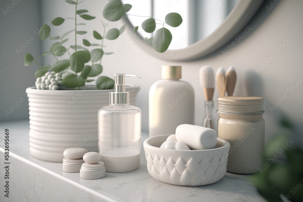 Cosmetic products for body care are displayed beautifully in elegant soft light in a white bathroom interior with a modern style. selective focus. Generative AI Cosmetic products for body care are displayed beautifully in elegant soft light in a white bathroom interior with a modern style. selective focus. Generative AI