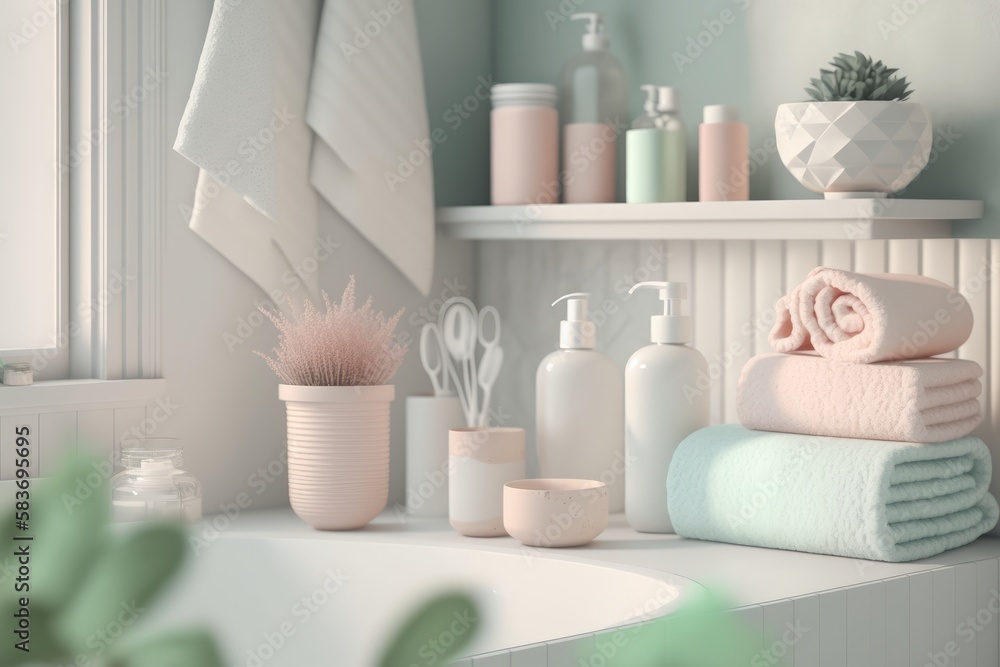 Cosmetic products for body care are displayed beautifully in elegant soft light in a white bathroom interior with a modern style. selective focus. Generative AI	