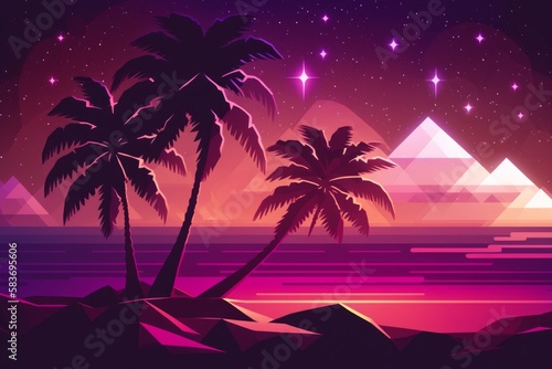 An abstract low polygon background in shades of pink and purple, resembling a cosmic landscape. A neon-lit palm tree with a retro-futuristic vibe in the foreground. Generative AI