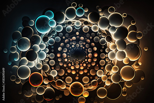 idyllic background picture, glowing balls, warm and cold glowing, become smaller in the middle created with Generative AI technology