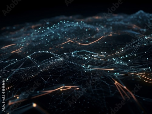 Abstract connected dots and lines. Concept of AI technology, Motion of digital data flow. Communication and technology network concept with moving lines and dots. 3D rendering