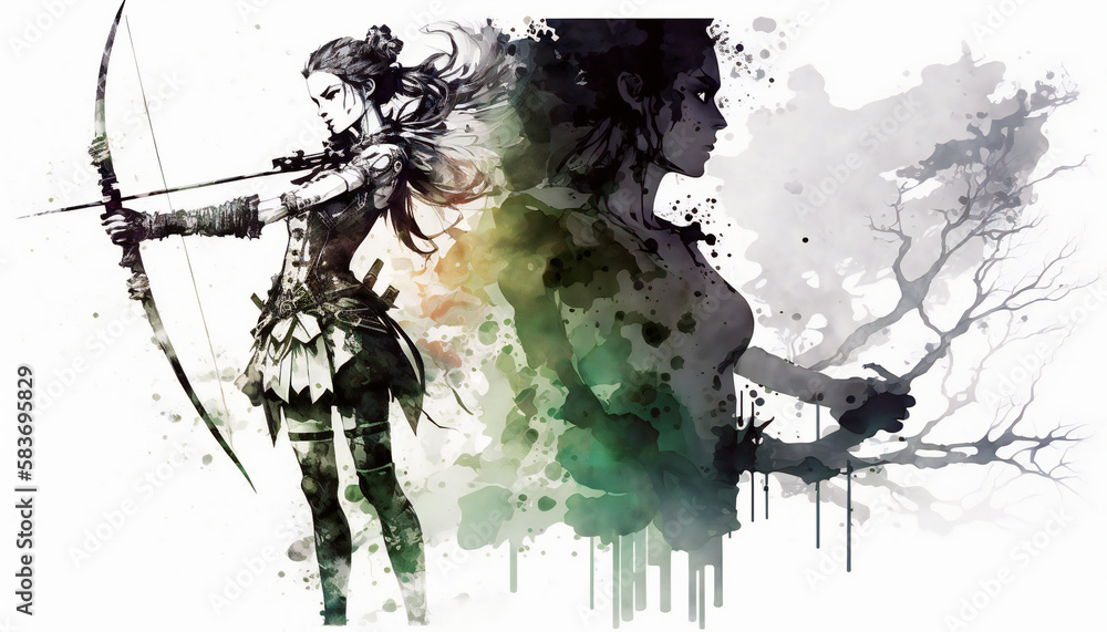 Obraz premium woman warrior with bow, isolated on white background - watercolor style illustration background by Generative Ai