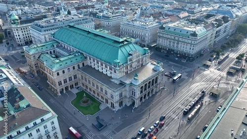 Aerial view of famous Vienna Opera house (Wiener Staatsoper) and the Art Gallery museum in historic center of city - landscape panorama of Austria from above, Europe photo