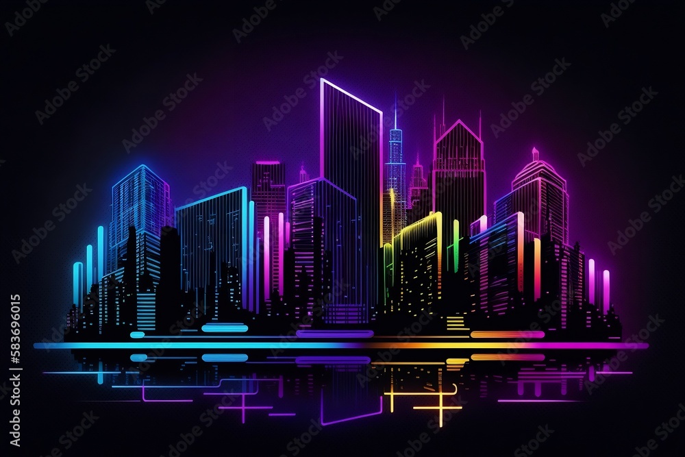 Skyline, smart technology lines, neon colors, artificial, generative AI, generative, AI, connected information in silhouette