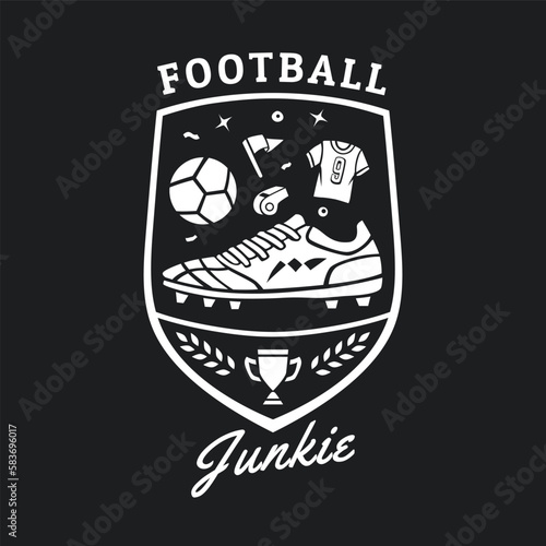 Football junkie emblem illustration template. Soccer enthusiast shield design. Can be used for badges, banners, or merch. 